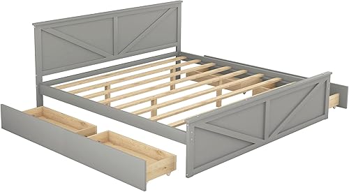 Miniatura 5 de Cama moderna de plataforma de madera tamaño King con 4 cajones de almacenamiento marco de cama de plataforma de madera maciza con cabecera y patas