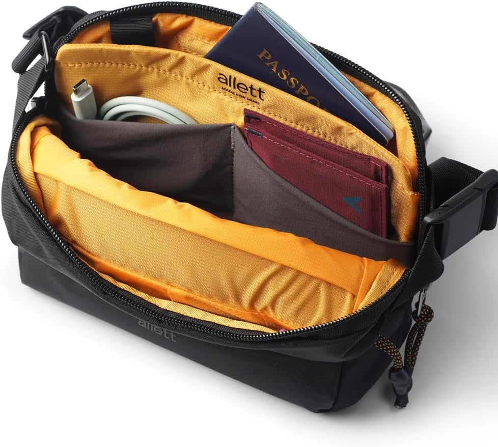 Allett Daily Mini Sling Bag for Men & Women | 2.3L Recycled Crossbody or Hip Pack | Phone Sleeve, Magnetic Buckle, Sunglasses Pocket | Stretch Compartments, Water-Resistant | Black - Image 3