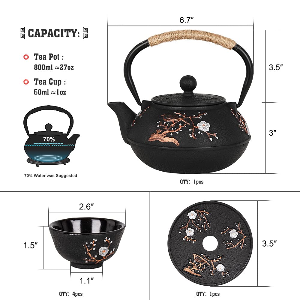 Teekessel aus Gusseisen mit Teetassen Untersetzer japanischer Stil TetsubinTeekessel mit Teesieb Eisen Teeset Geschenk für Erwachsene Vater Mutter Familie (schwarz Elster auf der Pflaume Design)