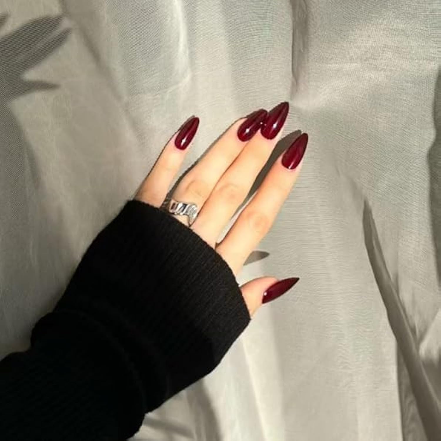 Algasan 24 Pcs Almond False Nails Wine Bling Glitter Press on Nails Medium Red Pure Color Full Cover Fake Nail for Women and Girls