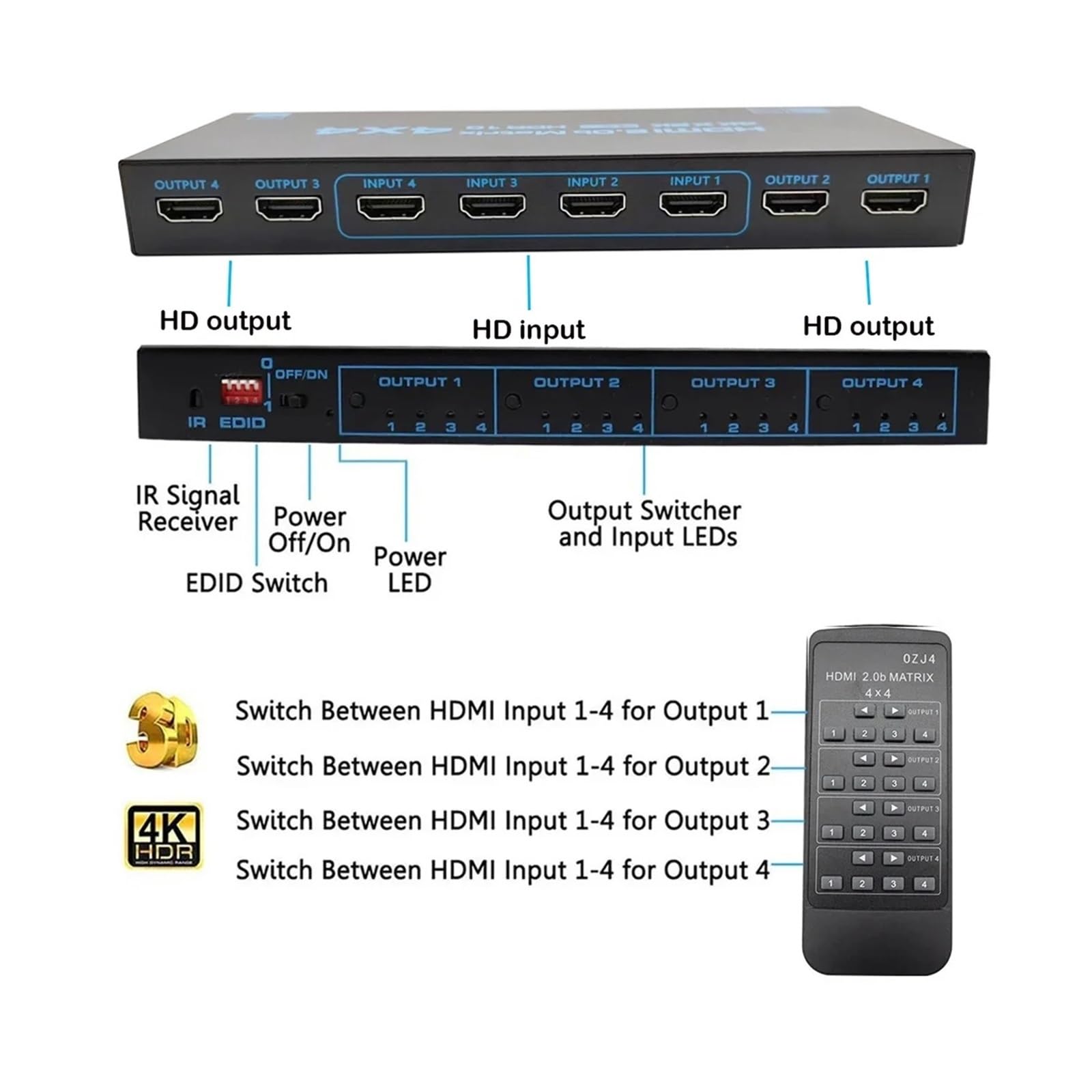 4x4-kompatibler Matrix Switch 4K HDR HDTV-kompatibler Matrix Switcher Splitter 4 In 4 Out Box HDCP 2.2 für Gaming-Streaming und Multi-Source-Aufnahme