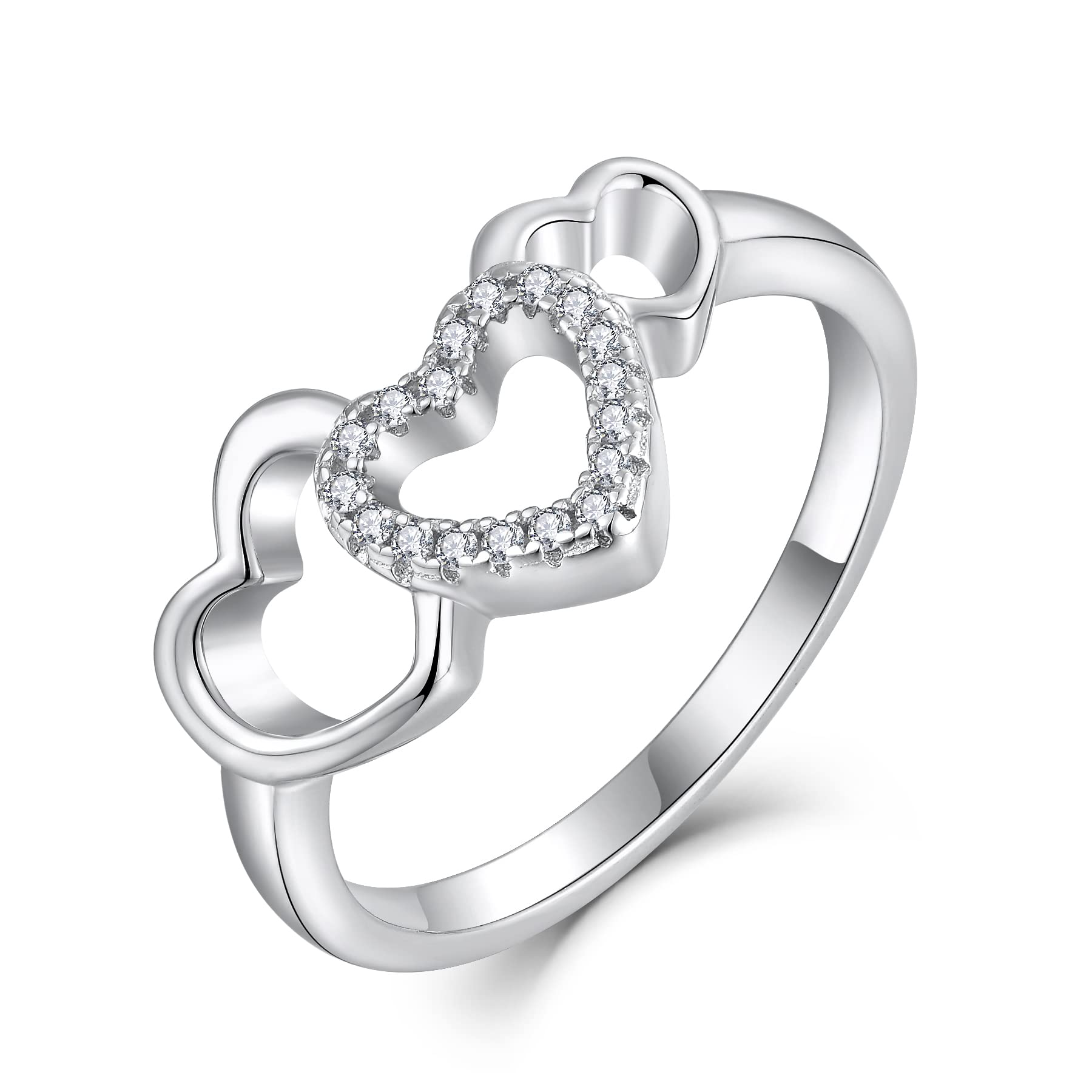 Starchenie Promise Ring for Women,Sterling Silver Triple Heart Ring with Cubic Zirconia Wedding Ring