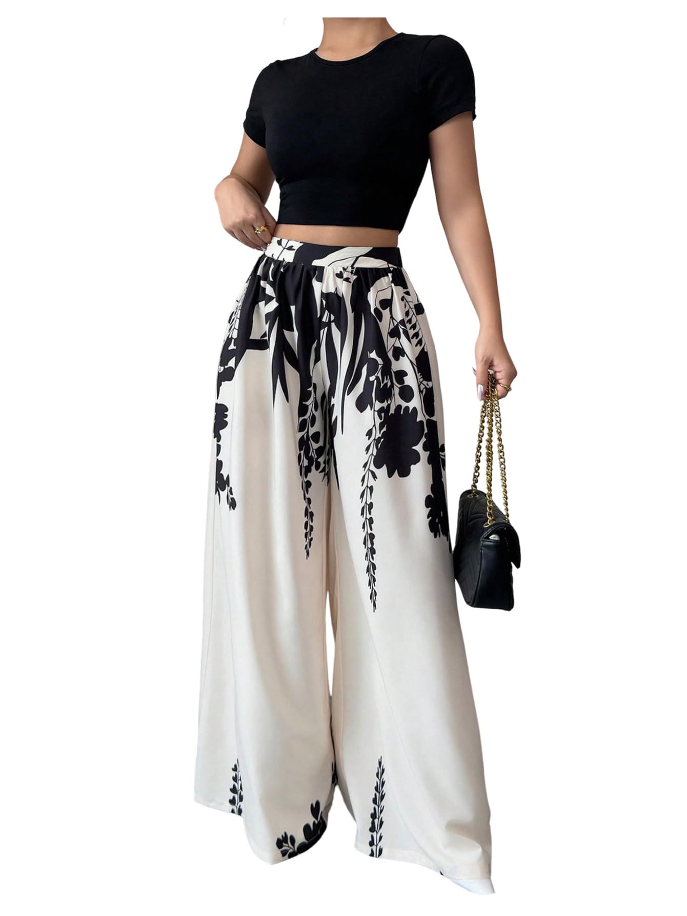 MakeMeChic Womens Floral Wide Leg Pants Flowy Palazzo Pants High Waisted Business Trousers