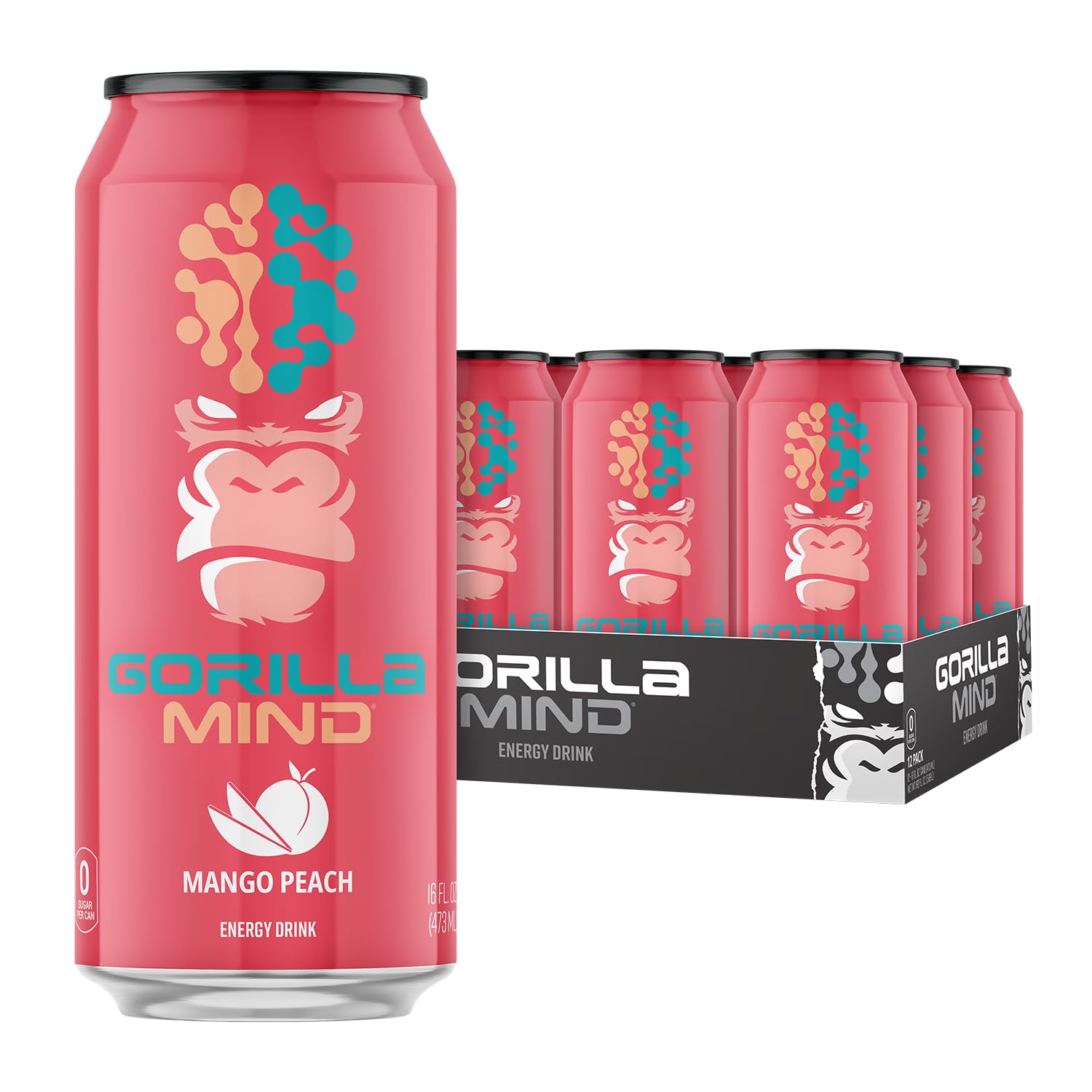 Gorilla Mind Energy Drink | Unmatched Energy · Amplified Focus | N-Acetyl-L-Tyrosine, Alpha-GPC, 200mg Caffeine, Uridine, Saffron | 0 Sugar Or Artificial Colors | 16oz, 12-Pack (Mango Peach)