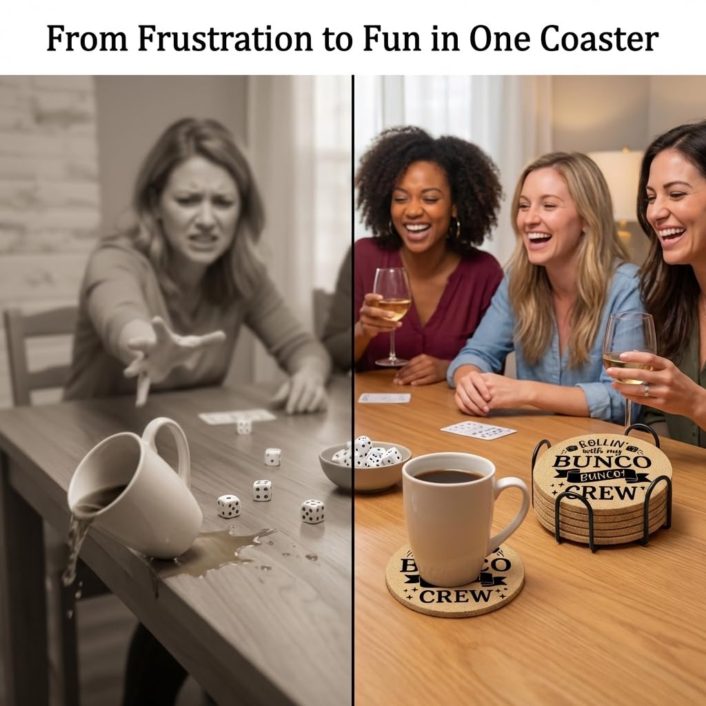 Bunco Coasters Set of 6 with Holder, Funny Bunco Game Cork Drink Coasters for Bunco Night Party, Bunco Gifts Table Decor for Game Players