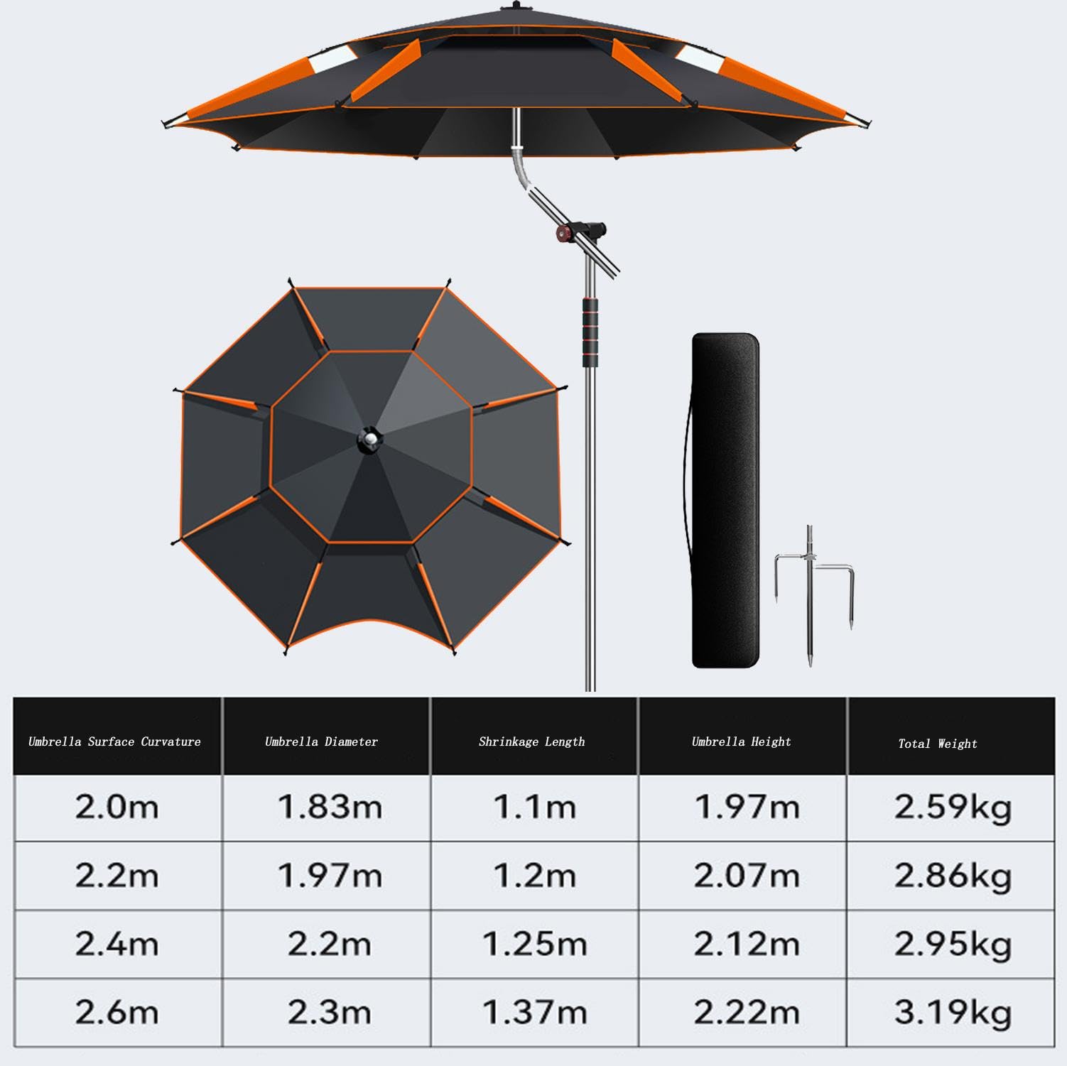 Gran sombrilla 260/240/220cm, pesca a prueba de viento UV50+, inclinada en la punta, viaje/camping/senderismo, 2.2m