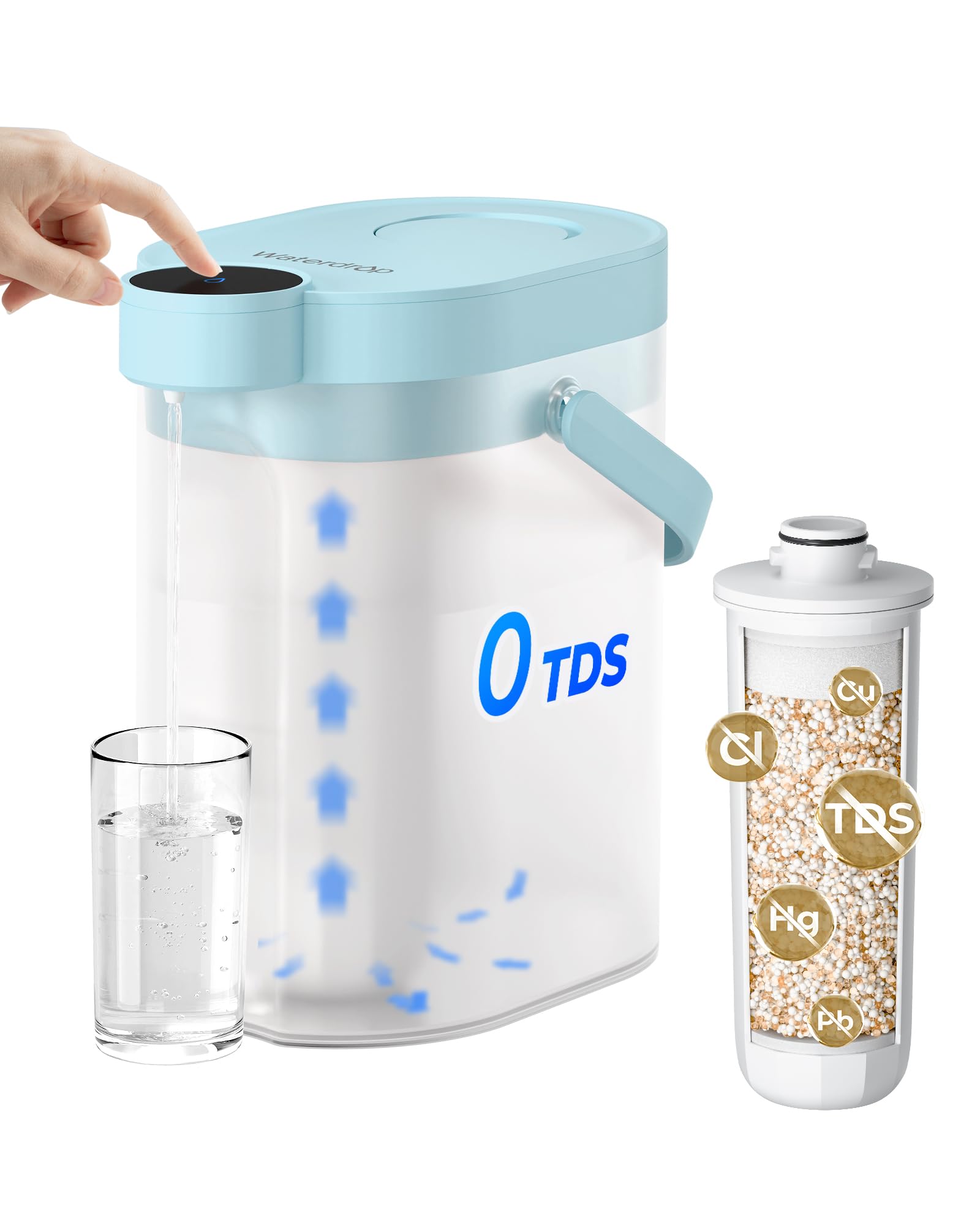 Waterdrop 0 TDS Zero TDS dozownik filtra wody, z możliwością ponownego ładowania, 5-stopniowy, wydajny dzbanek elektryczny, redukuje chlor, ołów, niebieski