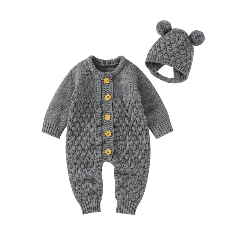 – Azonee Baby Outfit Cotton Knit Newborn Infant Romper Knitted Long Sleeve Romper Pants Hats Sweater Clothes With Warm Hat Set Toddler Boy Girl 66cm