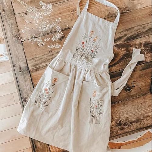 Natural Embroidered Floral Apron, Personalized Hand Embroidered Apron, Embroidery Linen