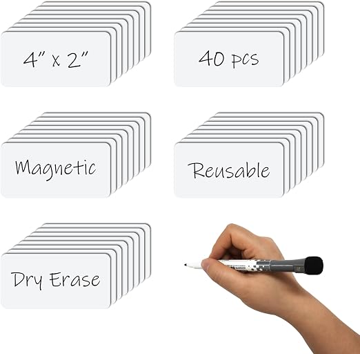 Dry Erase Magnetic Labels 4x2 Inch White, Reusable Magnetic Dry Erase Labels for Classroom Office Whiteboards,Pack of 40