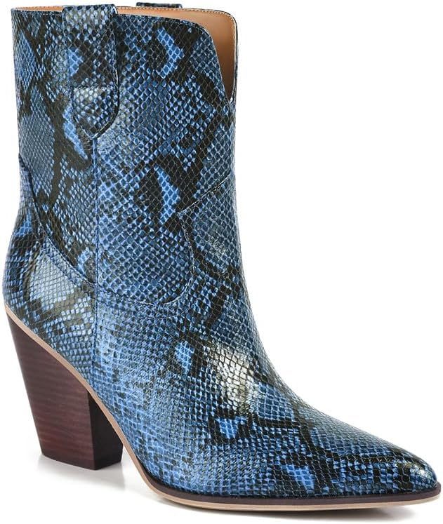 Snakeskin Ankle Boots for Women Pointed Toe Snake Booties Chunky Block Heel Pull on Snake Skin Fall Short Boot