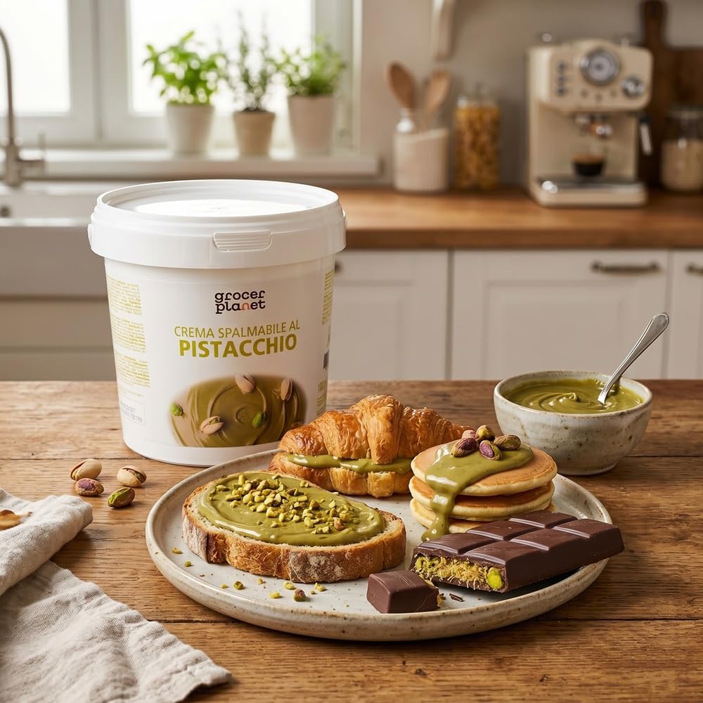 Grocer Planet - Crema de Pistacho (1Kg) | Con 45% Pistachos Mediterráneos | Sabor Dulce | Comida Italiana Gourmet | Ideal para Desayunos y Postres