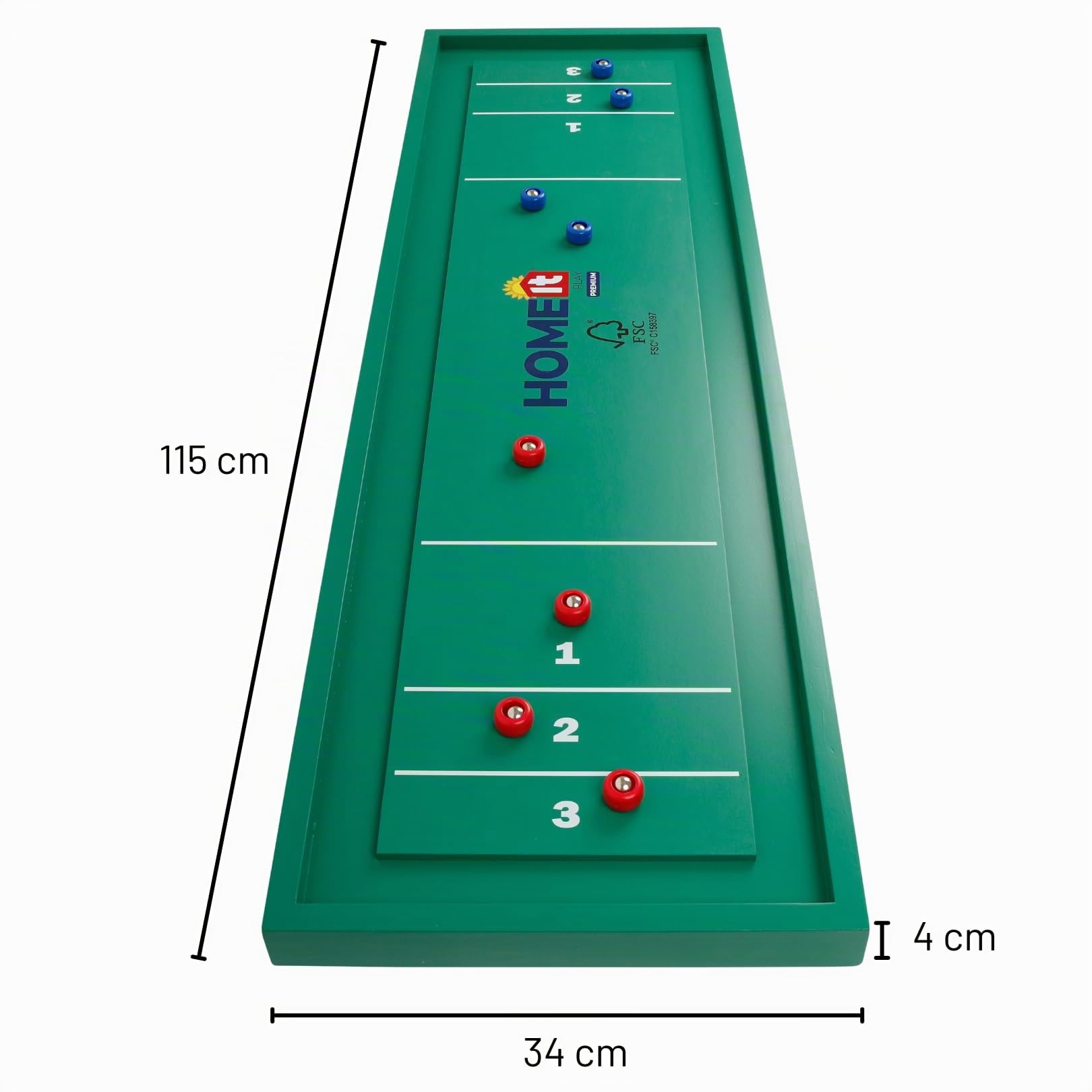 HOME It® Shuffleboard en Bois FSC – Jeu de palets Recto Verso intérieur/extérieur – Plateau 115x34 cm avec 8 Pucks colorés – Jeu d’adresse Convivial pour Famille et Amis