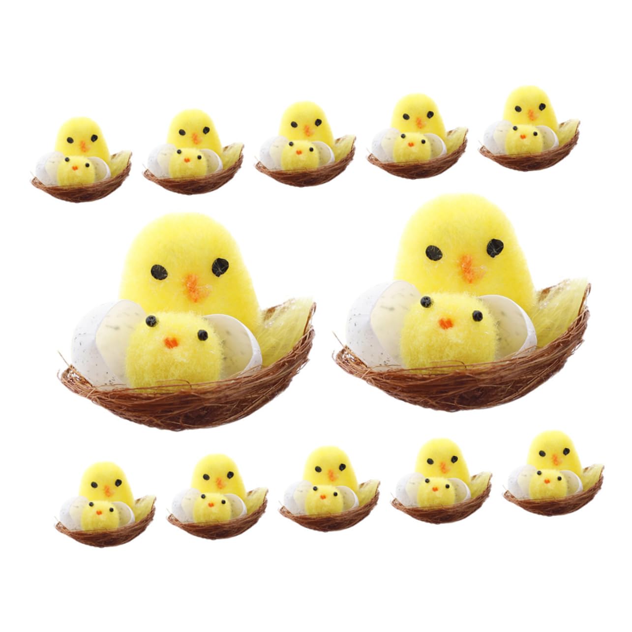 VICASKY 12 mini pollitos de Pascua decorativos esponjosos pollitos figuras con nido de gallinas lindas para Pascua sala de estar y decoración de jardín