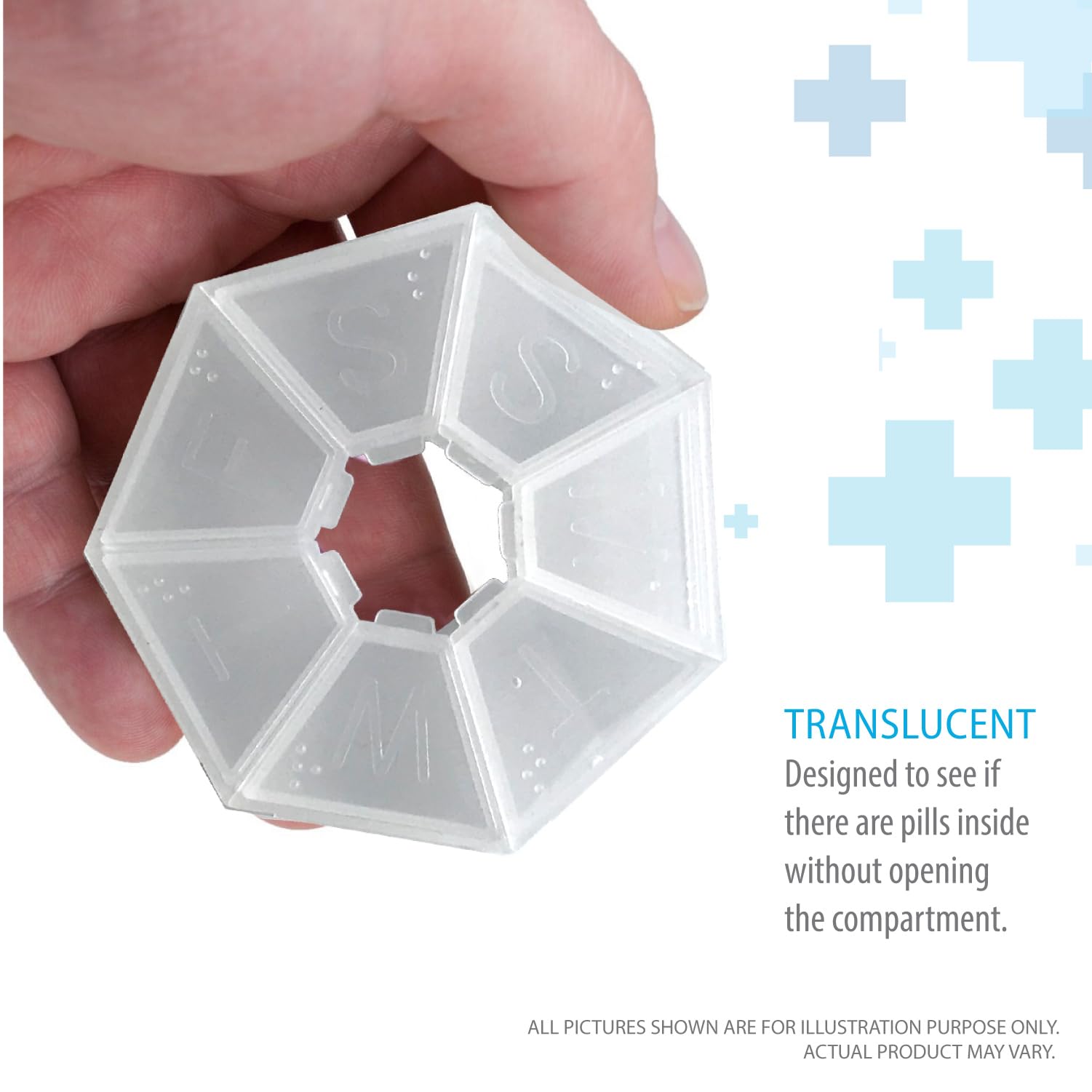 Scatola portapillole portatile a 7 lati per medicinali, piccolo contenitore (sette giorni settimanali) per farmaci, vitamine, contenitore per dispenser, organizer per pillole e promemoria.