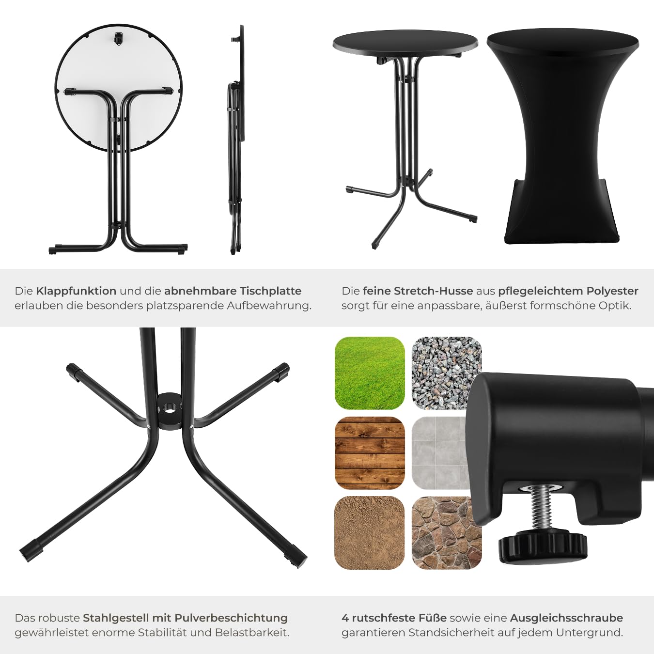 tectake® Gastro Stehtisch klappbar, Bistrotisch mit Husse, Tisch Ø80cm, Stehtisch mit MDF-Tischplatte, Gartentisch klappbar, Klapptisch, rund, Stahlgestell, stabil und robust - schwarz, 1 Stehtisch
