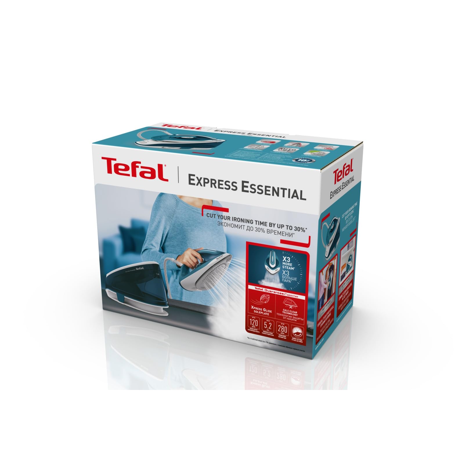Tefal SV6115 Express Essential Dampfbügelstation|5,2 bar|Dampfstoß: 280 g/Min.,Dauerdampfmenge: 120 g/Min.|Calc Clear-Technologie|Xpress Glide Bügelsohle|2200W| 1.4L|36.2x17.9x25.6 cm,Blau/Weiß