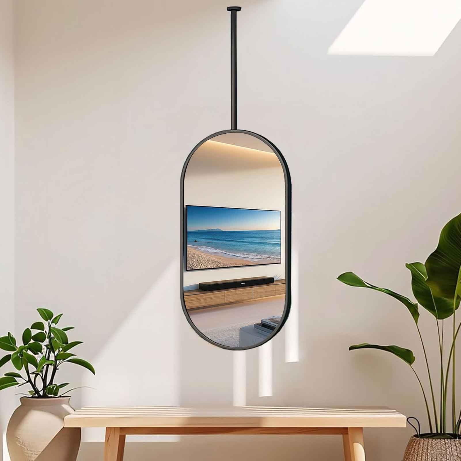 BKSXSOP Ceiling Mounted Mirror, Bathroom Vanity Makeup Mirrors for Hanging HD Floating Wall Living Room Clear Decor Black Oval Metal Mirror(40cmx60cm)