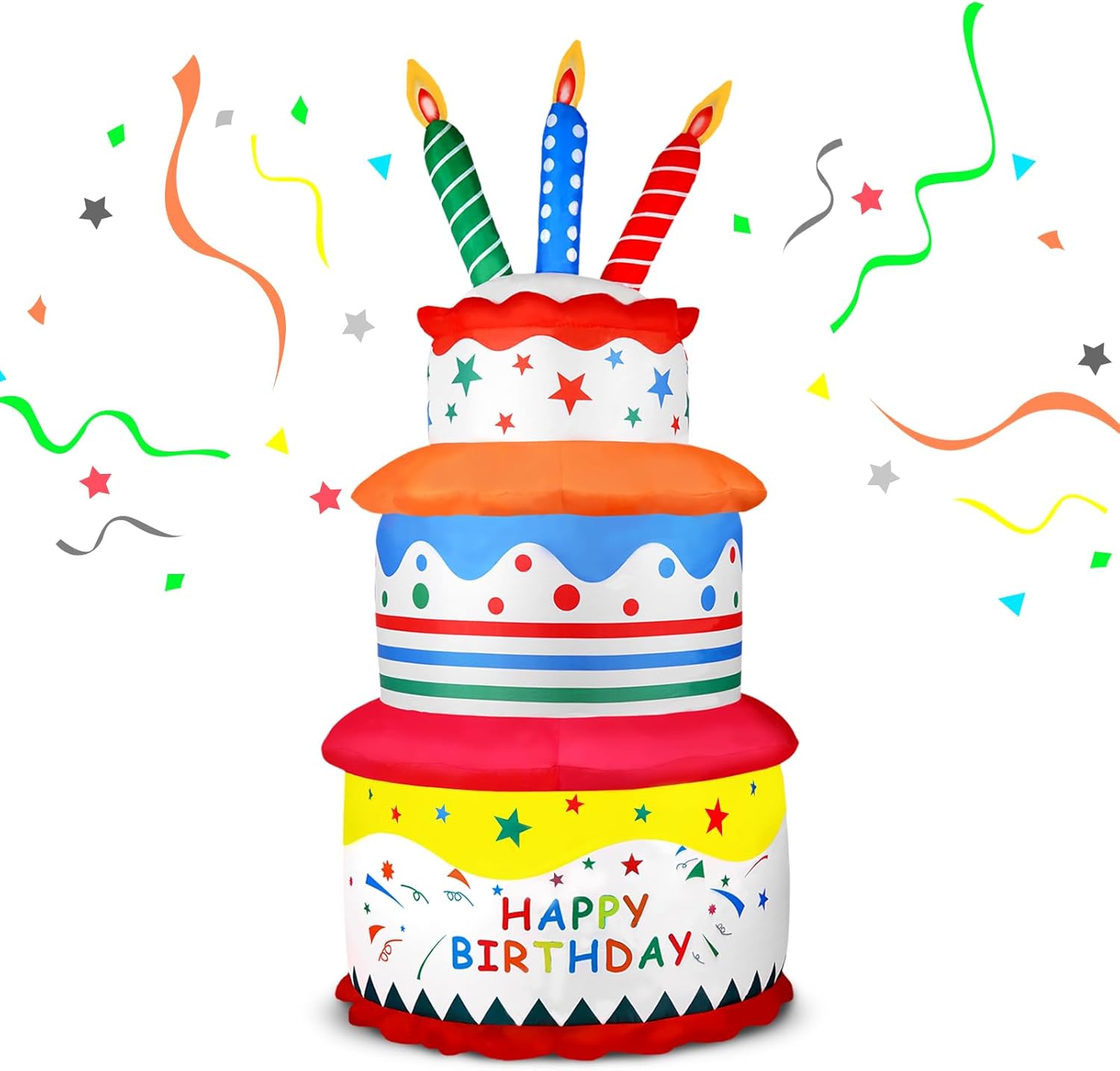 6 FT Birthday Cake Inflatable Outdoor Decoration, Blow Up Birthday Cake Outdoor Decorations with LED Lights, Inflatables Cake Decor for Party Yard Garden Patio Lawn