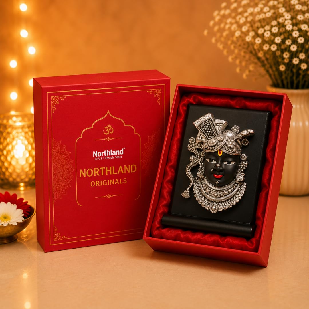 Northland 999 Silver Plated Shreenath Ji Idol with MDF Base in Gift Box -10cm | Shrinathji Murti for Car Dashboard Shrinathji Idol for Home Office Pooja Room Nathdwara Shreenath Ji Murti for Gifting-image-5