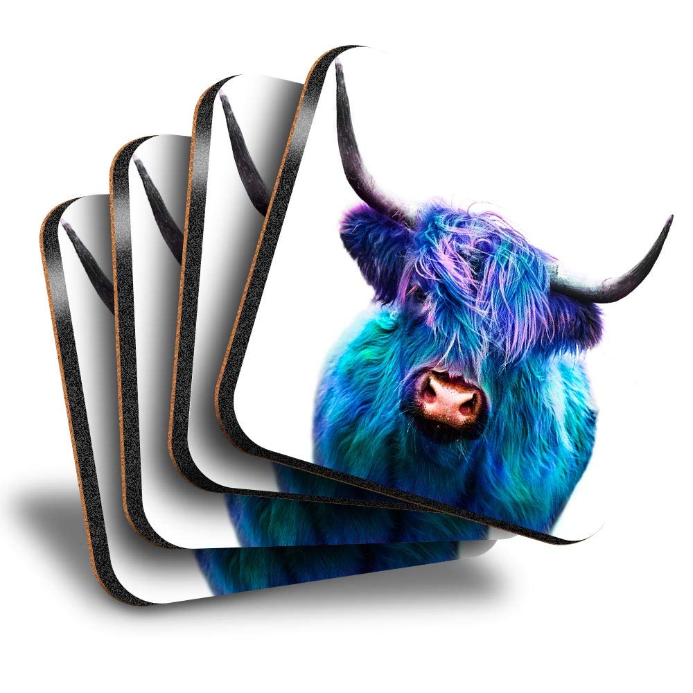 Destination Vinyl Ltd Multicolor Great Coasters (Set Of 4) Square - Blue Pop Art Highland Cow Animal Drink Glossy Coasters/Tabletop Protection For Any Table Type #21683