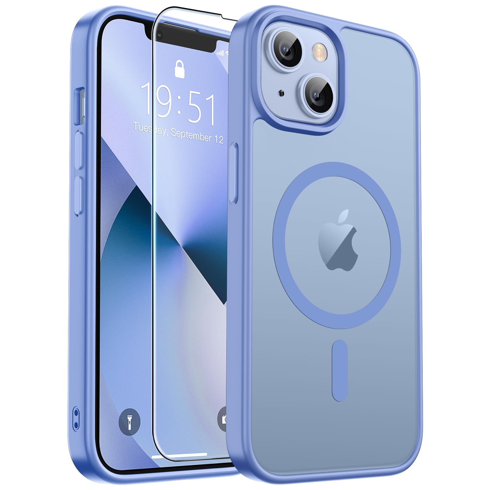 zapica Magnetic for iPhone 13 Case & iPhone 14 Case, with [Tempered Glass Screen Protector] [Compatible with MagSafe] Translucent Matte Shockproof Anti-Scratch Phone Cover, Blue Purple
