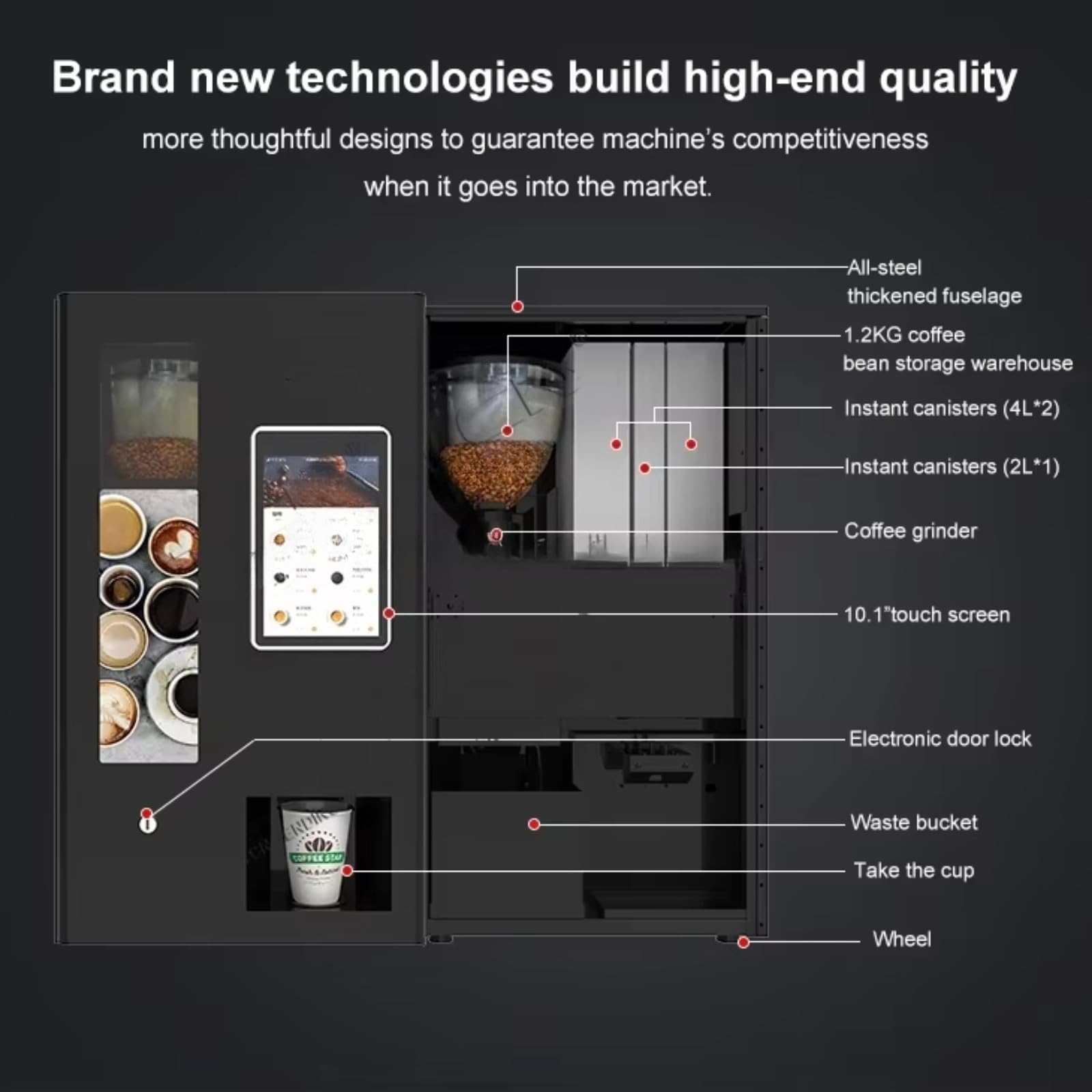 Distributore automatico di caffè, supporta il pagamento self-service delle monete e il pagamento mobile e offre 6 opzioni di gusto personalizzabili tra cui latte e cappuccino.