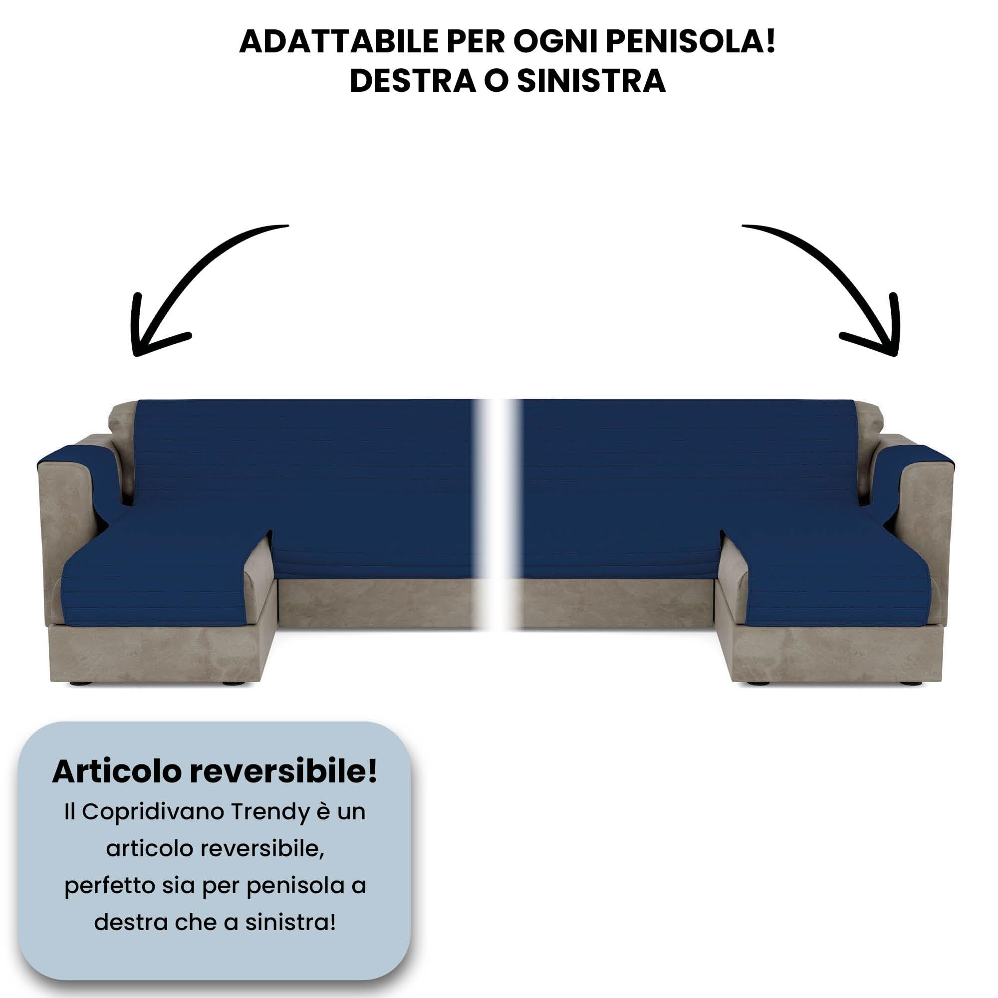 Italian Bed Linen Copridivano Trendy con penisola Reversibile, Misura Seduta 190 cm, Microfibra Soft Touch "Mano Pesca", Ideale per Chi ha Animali Domestici, Protezione Totale, Blu Scuro