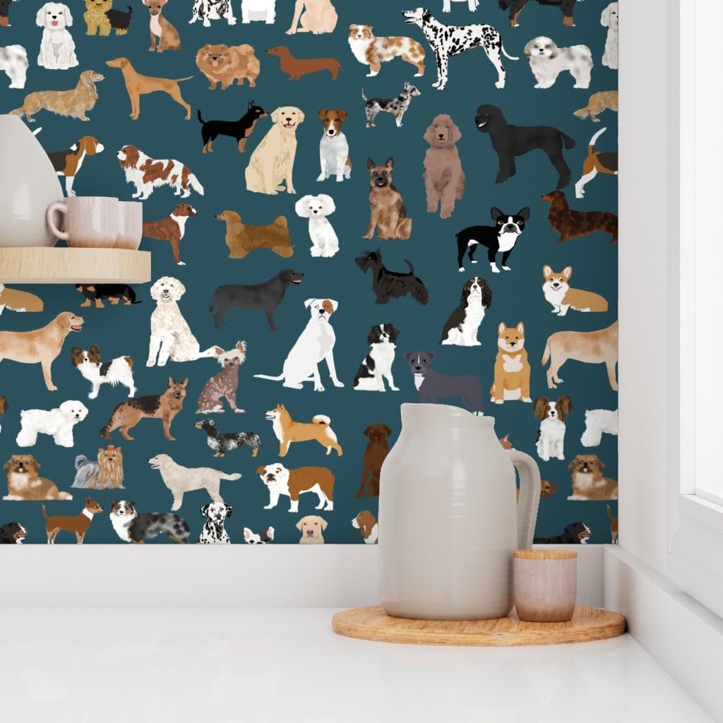 Peel & Stick Wallpaper Swatch - Dog Breeds Navy Blue Rescue Dogs Pet Lover Puppy Custom Removable Wallpaper by Spoonflower