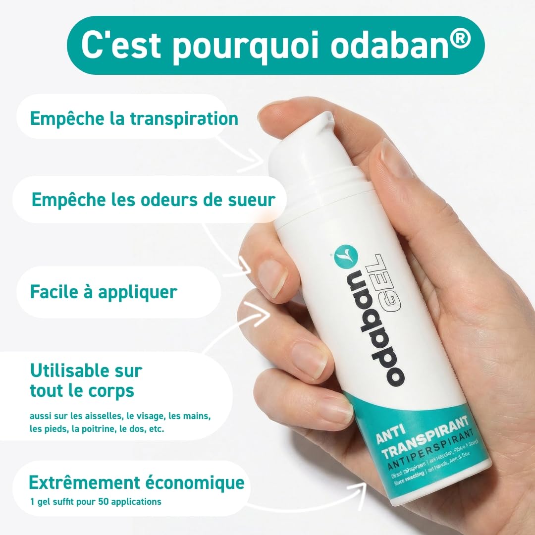 Odaban Gel anti-transpirant 50 ml contre les mains moites, les pieds et la transpiration du visage | Contre les odeurs d'aisselles