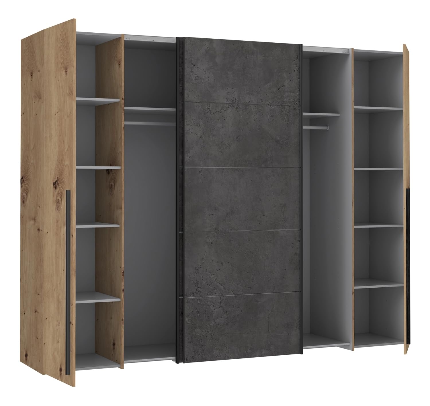 Forte Narago Schrank 270, Kleiderschrank, Schwebetürenschrank mit Drehtüren, Holzdekor Artisan Eiche kombiniert mit Grau, 270,3 cm breit x 210,5 cm hoch x 61,2 cm tief