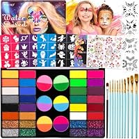 MKAKYES Peinture Corporelle pour Le Visage, Palette de Maquillage Enfants, 44 Couleurs Peinture Visage avec 11 Pinceaux, 36 Pochoirs, 2 Diamant Autocollant, Face Paint pour Halloween, Noël, Carnaval