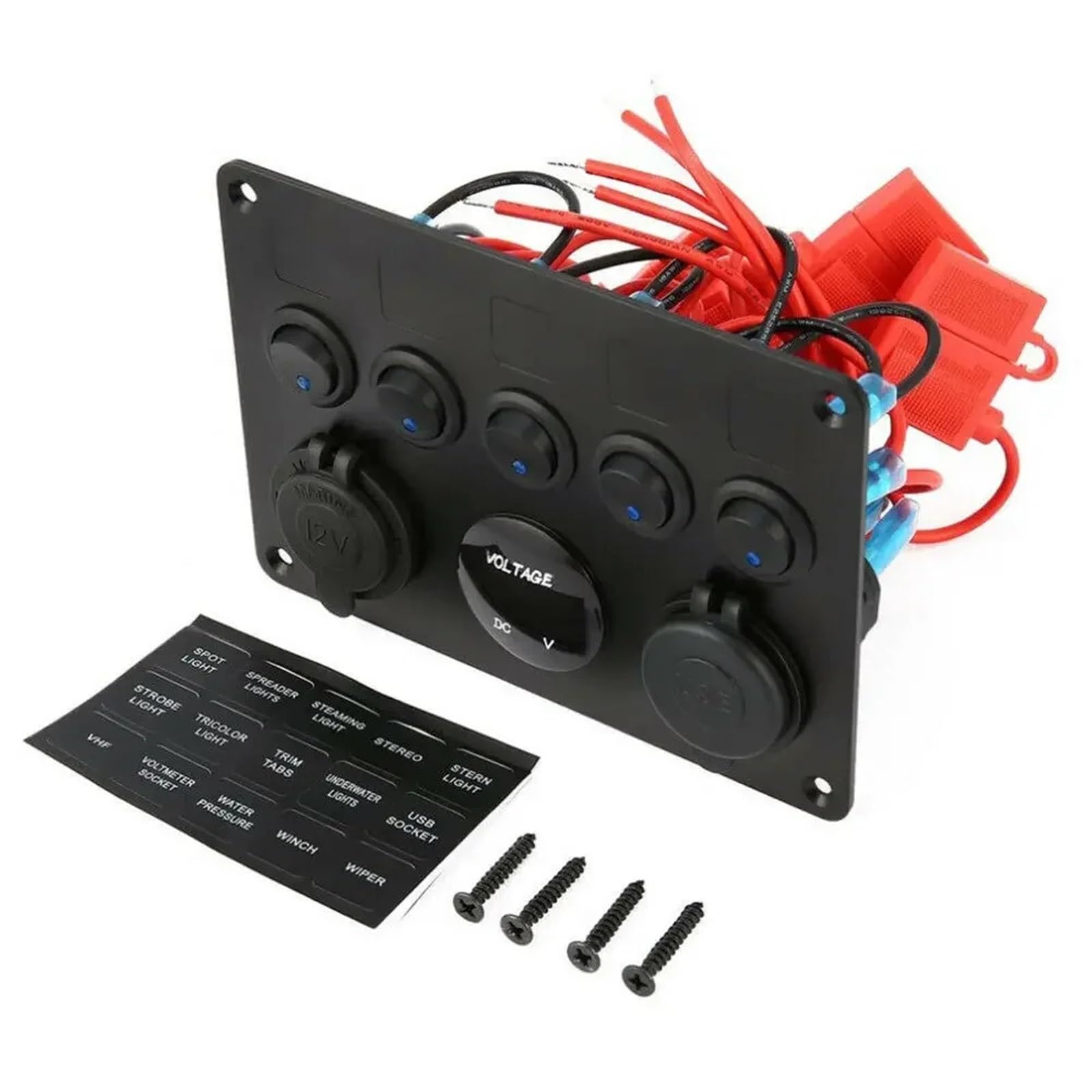 12V/24V 5-gniazdowa skrzynka bezpieczników liniowych Panel przełączników LED Podwójny USB Samochód Łódź Ciężarówka Kamper Cyfrowy wyświetlacz napięcia Niebieskie/Zielone/Czerwone światło LED(Green)
