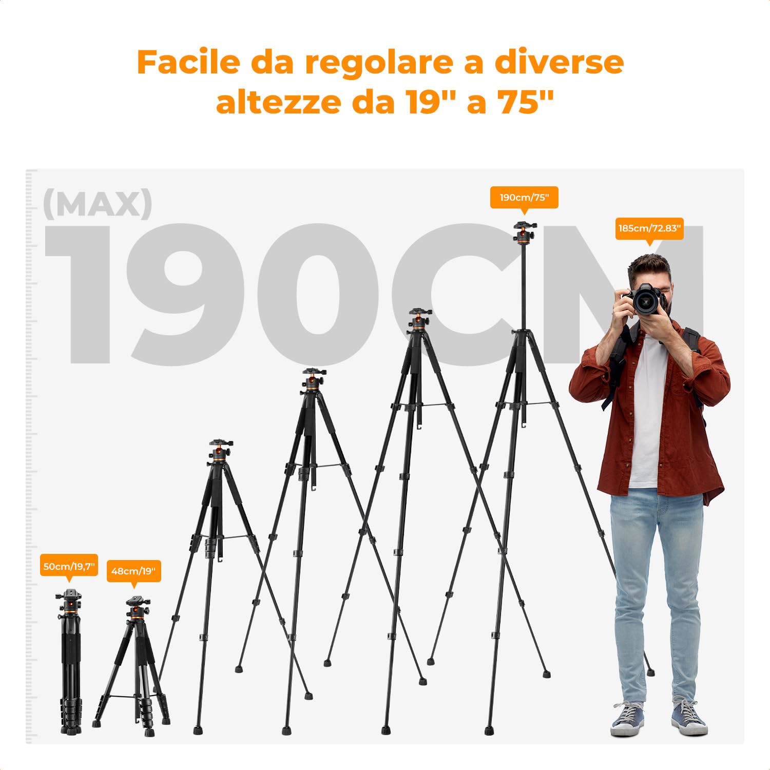 K&F CONCEPT Treppiede Fotocamera e Smartphone 190cm, Cavalletto Fotografico in Alluminio con Telecomando Bluetooth e Testa a Sfera, Treppiede Compatto per DSLR/Ipad/Live Streaming, S255A3
