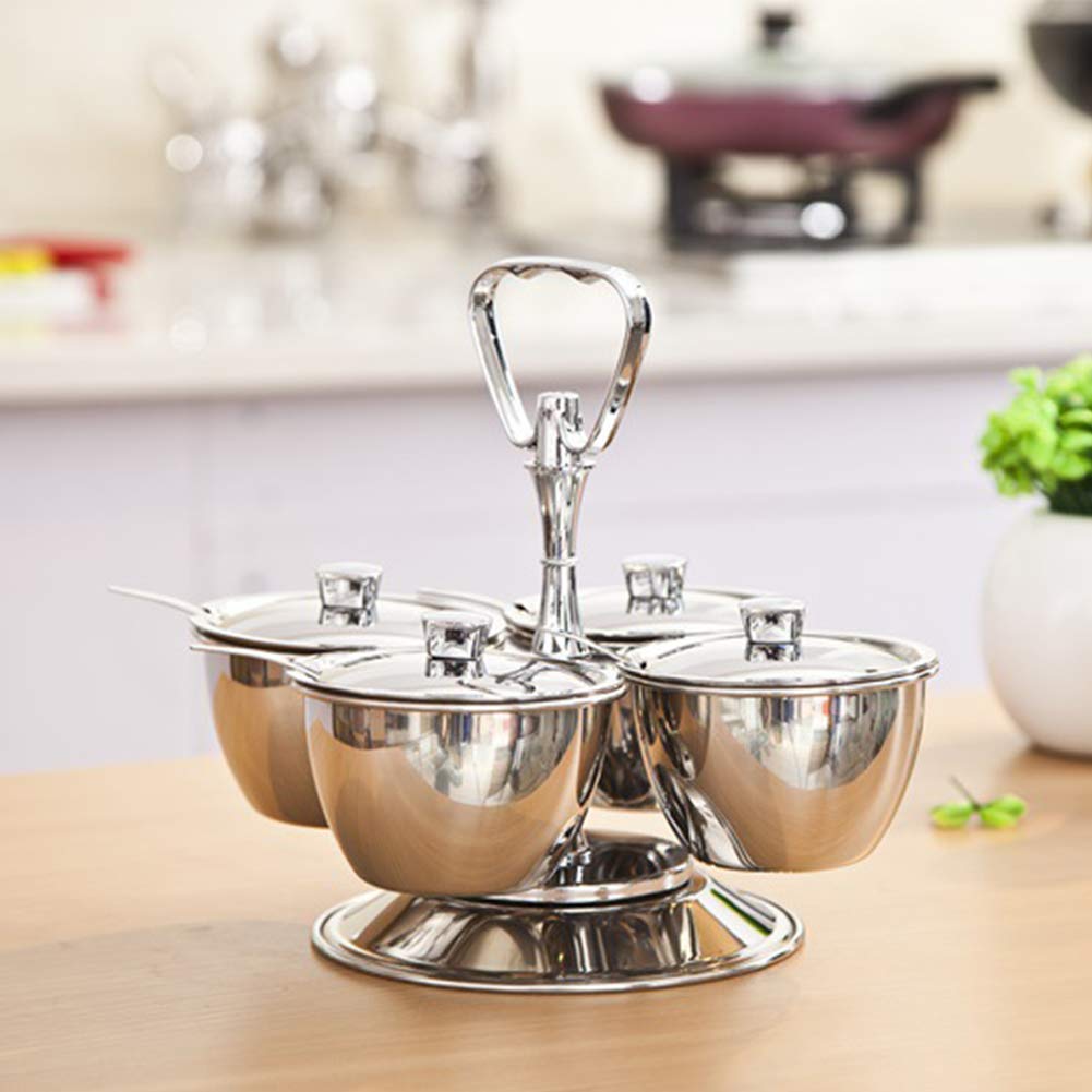 Tarro De Especias De Acero Inoxidable 304 Con Rejilla Creativa Para Facilitar El Tránsito, Base Giratoria Para Un Condimento Más Cómodo, Juego De Tarros De Condimento, Plateado-4jars