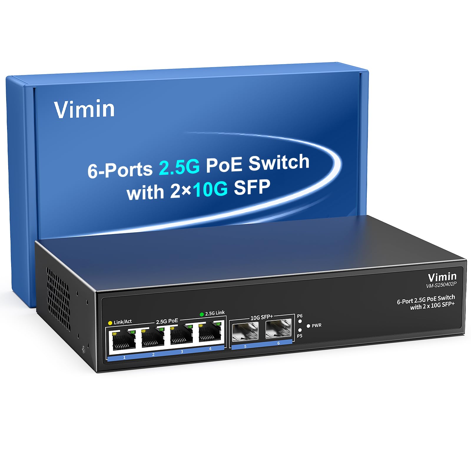 6-Port 2,5G PoE Switch Unmanaged, VIMIN 4X 2,5G Base-T PoE+2X 10Gbps SFP+, 4-Port PoE Switch mit 60Gbps Schaltkapazität, Unterstützung von IEEE802.3af/at, 65W, Switch für 2.5Gb NAS/PC, WiFi6-Router
