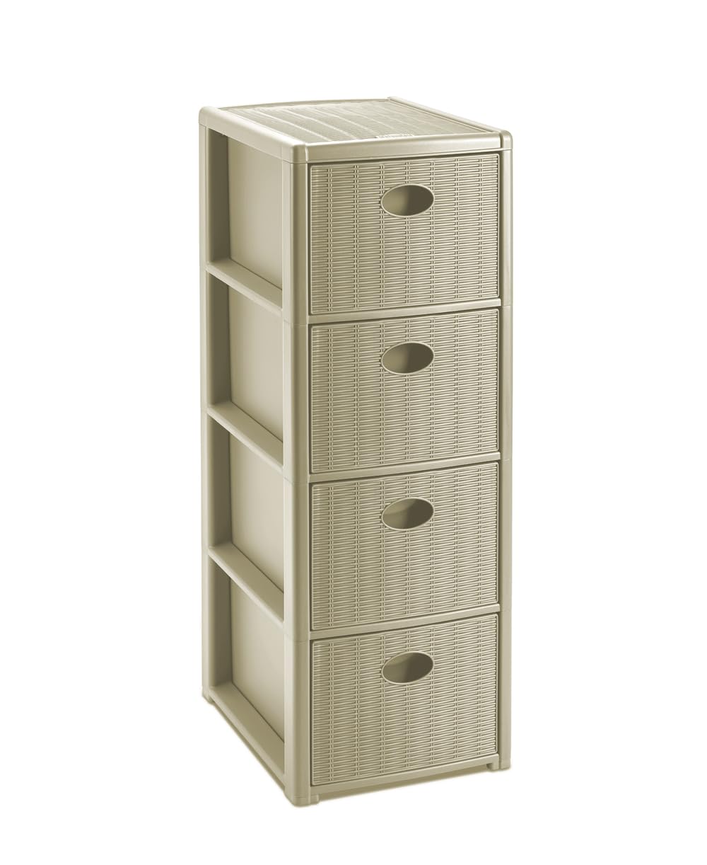 Rollbarer Schubladenschrank aus Kunststoff in Rattan-Optik mit 4 Schubladen. Maße: 30x40x81 cm. In verschiedenen Farbe (Kaschmir Beige)