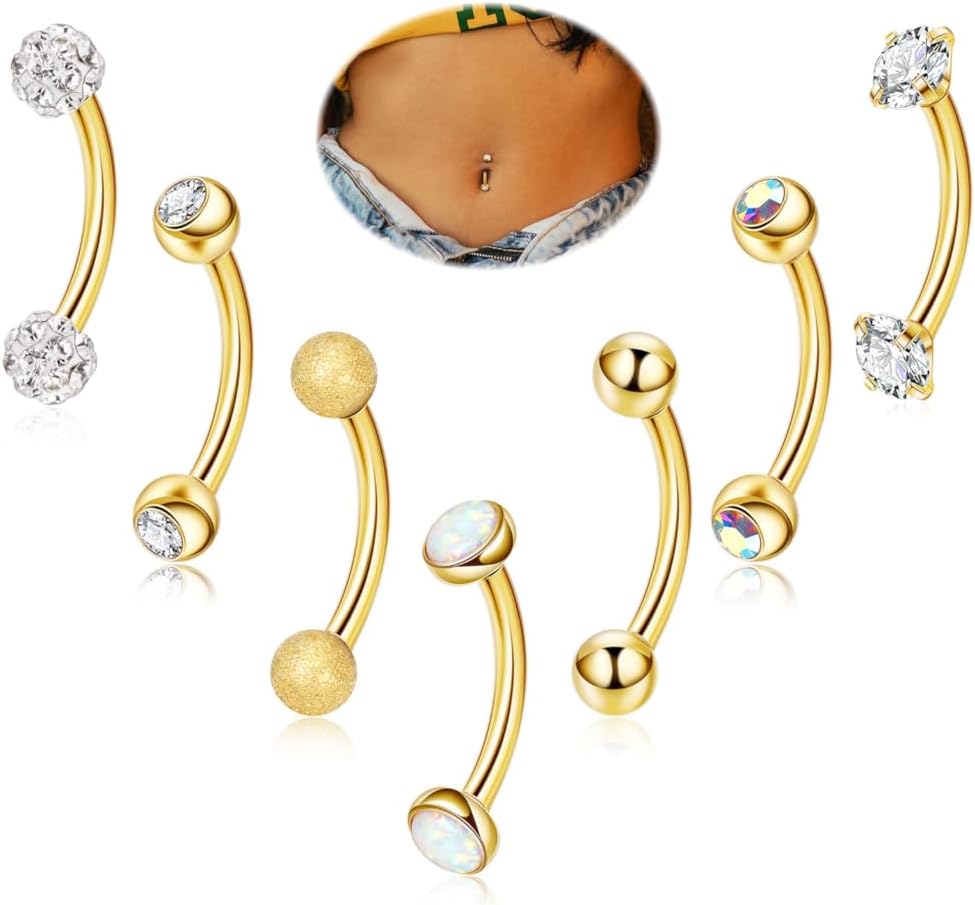 7PCS 14G 316L Stainless Steel Small Belly Button Rings for Women Tiny Internally Threaded Navel Ring Petite Hypoallergenic Belly Ring CZ Opal Curved Barbell Belly Piercing Jewelry 6-14mm