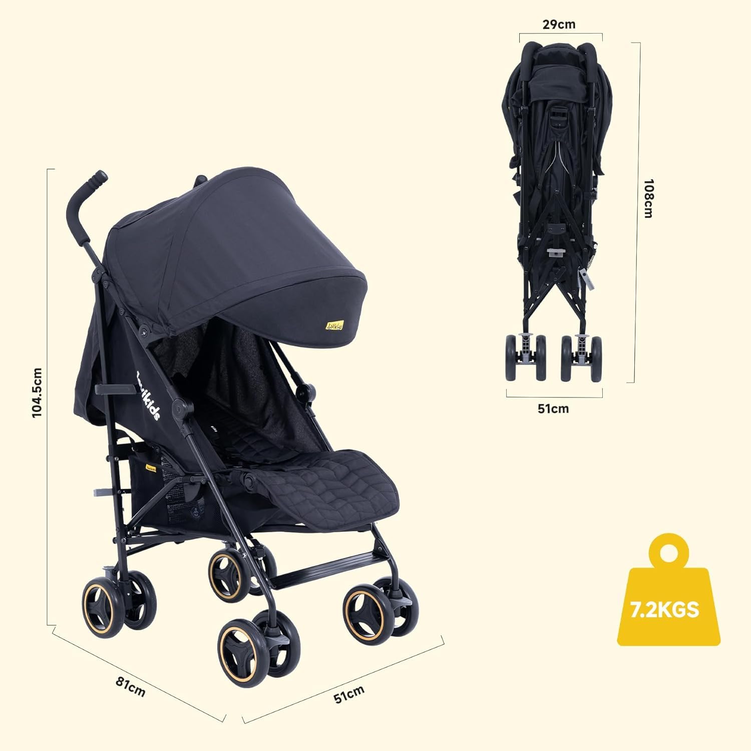 Jovikids Kinderwagen, Buggy Klein Zusammenklappbar mit Liegefunktion, Klappbar Reisebuggy bis 22kg Inkl. Sonnenverdeck, Regenverdeck und Getränkehalter (Grau) (Schwarz)