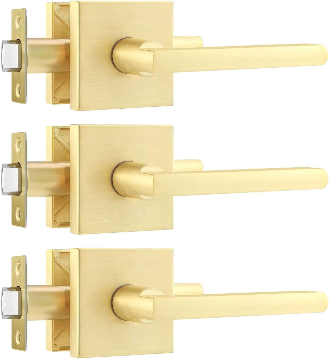 Leydebong 3 Pack Passage Door Levers Square Hall Closet Handles, Heavy Duty Interior Non-Locking Lever Sets, Reversible for Right & Left Side, Satin Brass Finish