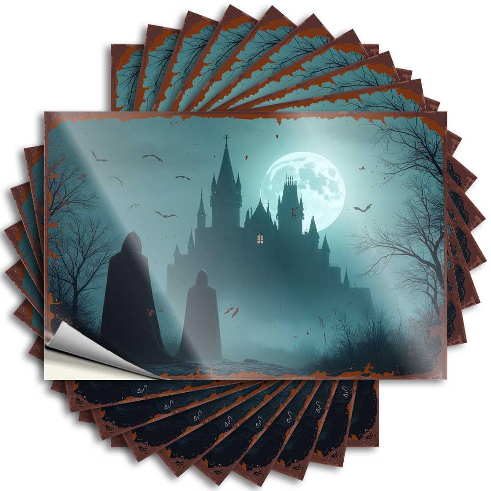 Halloween Night: Two Figures in Cloaks Before A Haunted Castle Boys Bedroom Accessories Feminist - Saying Cover Waterproof Decal(8X12CM)