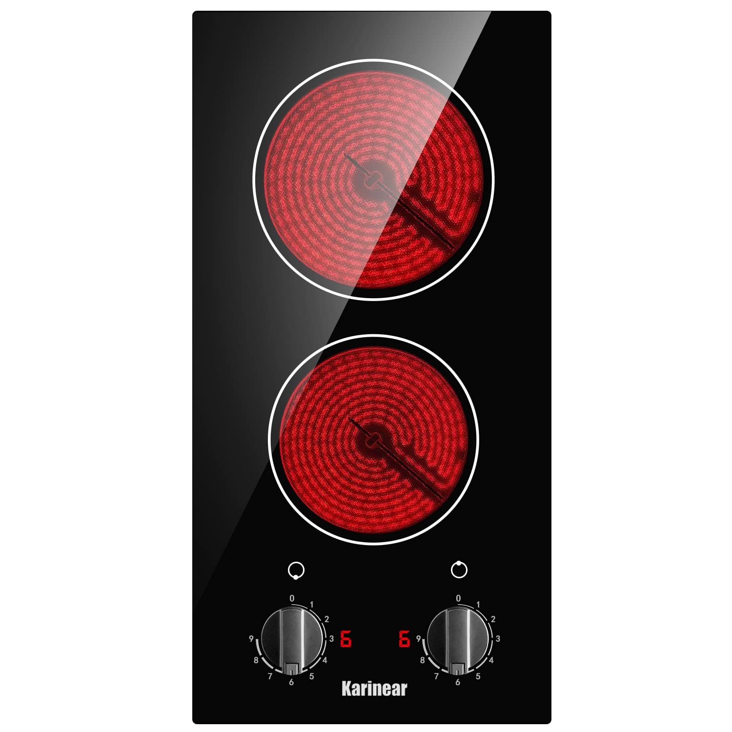Karinear2 Burner Electric Cooktop 12 Inch Built-in Electric Stove Top, 220v- 240v Radiant Cooktop with Residual Heat Indicator, Knob Control, Over-Temperature Protection, Hard Wire(No Plug)