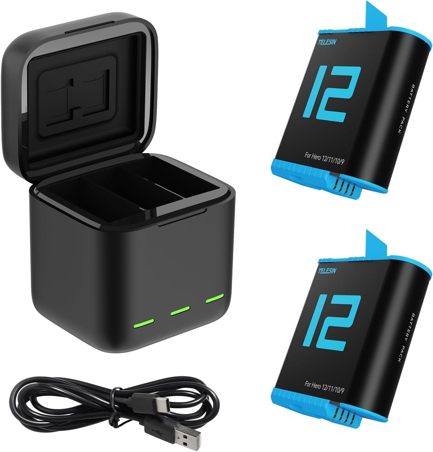 TELESIN Akku-Ladegerät-Set für GoPro Hero 12 11 10 9 Black, 2er-Pack Ersatzakkus + 3-Fach Ladecase Mit USB-C Ladekabel, Gopro Hero 12 11 10 9 Akku Zubehör