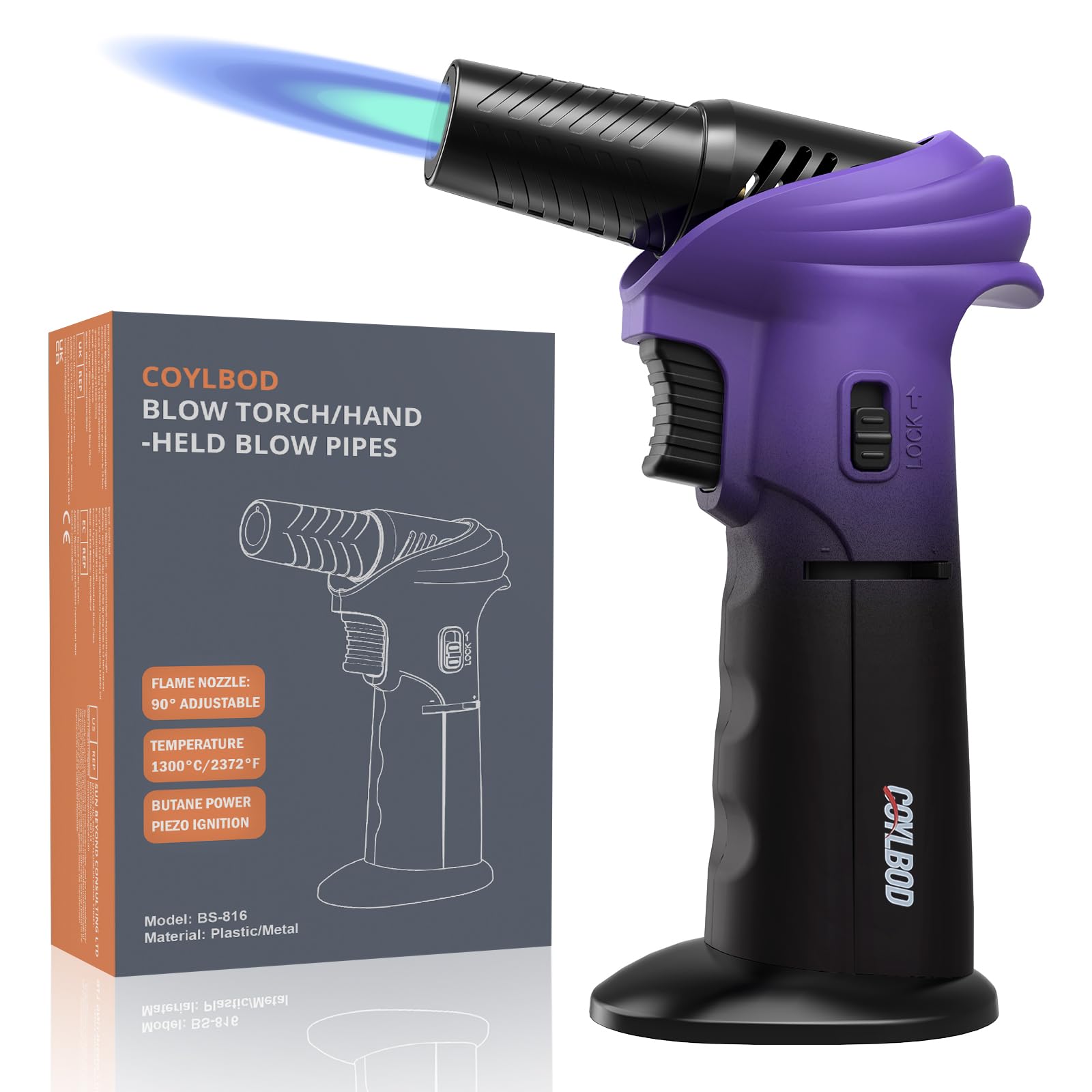 Encendedor de butano, ángulo giratorio de 0 a 90°, encendedor de butano, linterna de cocina recargable con bloqueo de seguridad (morado y negro)