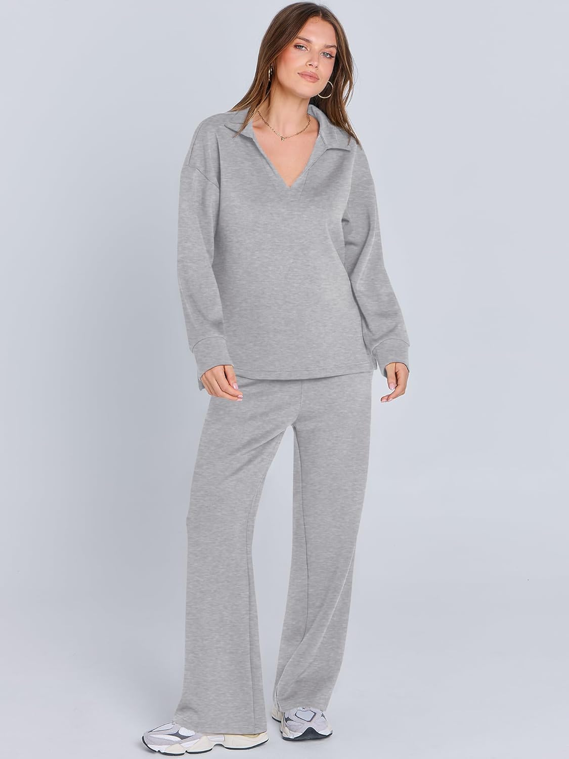 ANRABESS Women's 2 Piece Outfits Lounge Sets Casual Long Sleeve Sweatsuits Polo Top Wide Leg Pants Fall Sweat Matching Sets - Image 3