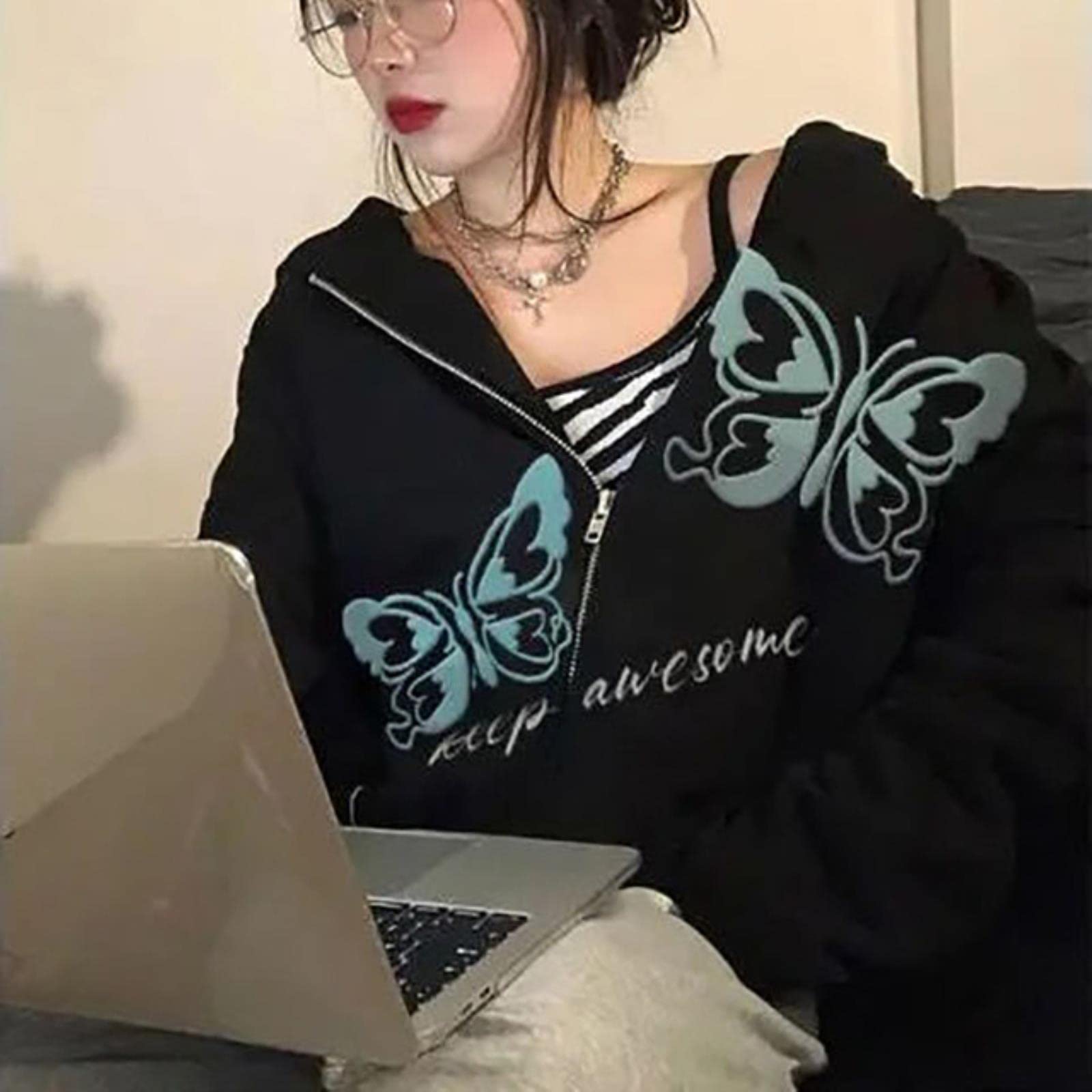 Vlinder hoodie gotisch sweatshirt lange mouw zip hoodie dames katoenen jas Harajuku straatstijl dunne oversized top-Black,XL