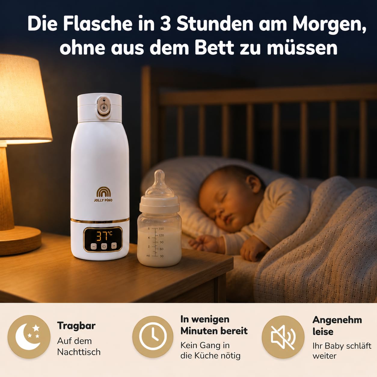 Flaschenwärmer Baby Unterwegs Tragbar Kabellos 500ml, Muttermilch & Wasser, Reise Auto Nacht, Silikonbürste Inklusive