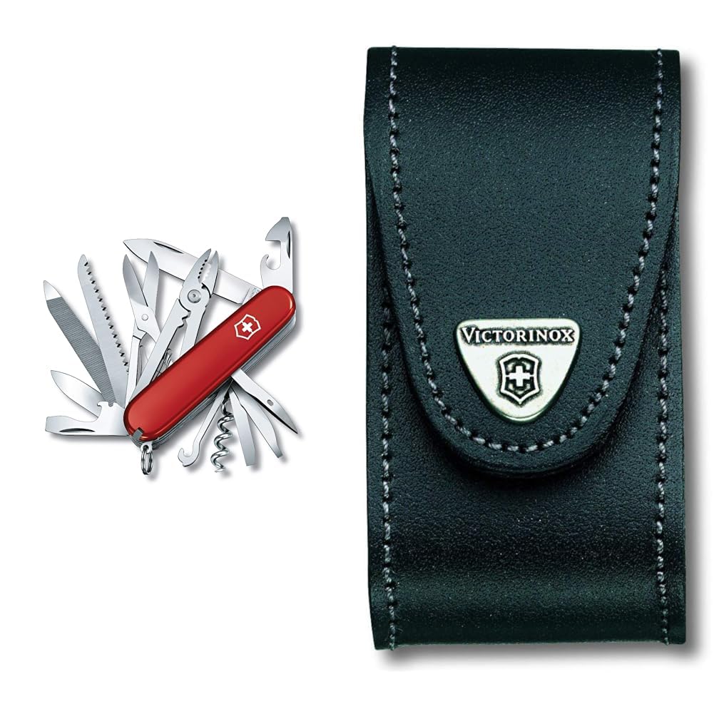Scyzoryk Victorinox Złota rączka, 24 funkcje, czerwony & akcesoria do scyzoryków Victorinox Etui na pasek, skórzane, z zapięciem na rzep, schowek na duże scyzoryki, czarne