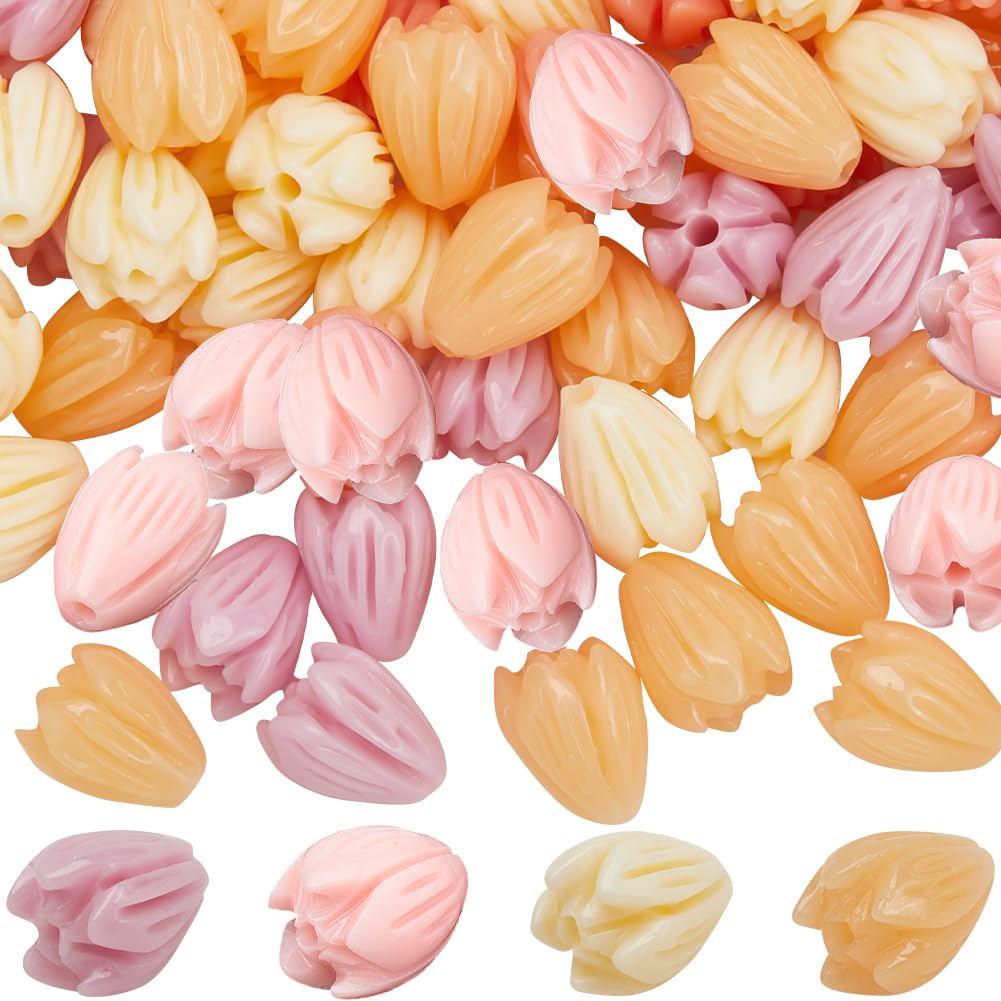 SOFPLATE 1 Box 100Pcs 4 Colors Acrylic Flower Beads Jasmine Flower Beads Coral Shell Dyed Synthetic 3d carved Cute Loose Beads Flowers for Jewelry Making Beading Supplies DIY Bracelet Necklace Earring