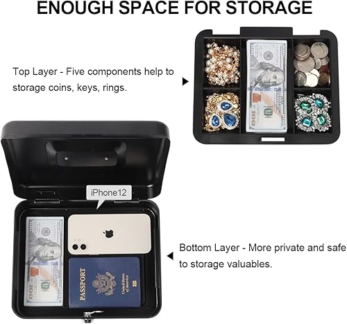 Miniatura 3 de Caja de efectivo con bandeja para dinero y cerradura de llave, organizador de dinero para efectivo, 9.84 x 7.87 x 3.54 pulgadas, blanco medio